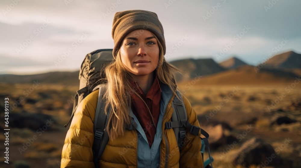 Portrait of a woman in the field exploring rugged terrains