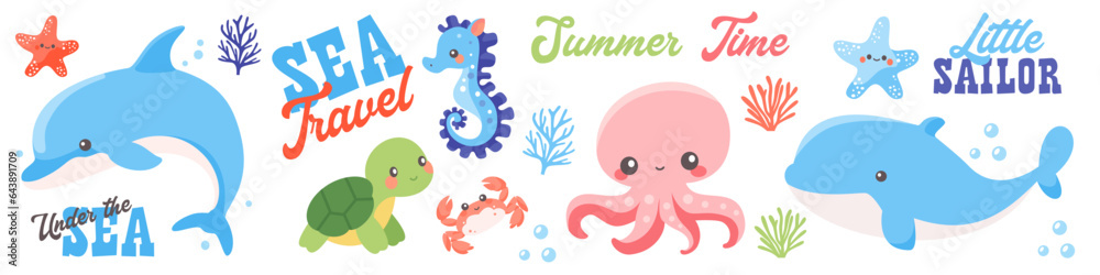 Cute vector nautical set. Children's illustrations on white background. Dolphin whale sea lighthouse octopus seahorse crab shrimp shrimp seagull turtle turtle. Various marine-themed lettering. Vector Cute vector nautical set. Children's illustrations on white background. Dolphin whale sea lighthouse octopus seahorse crab shrimp shrimp seagull turtle turtle. Various marine-themed lettering. Vector