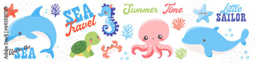 Cute vector nautical set. Children's illustrations on white background. Dolphin whale sea lighthouse octopus seahorse crab shrimp shrimp seagull turtle turtle. Various marine-themed lettering. Vector