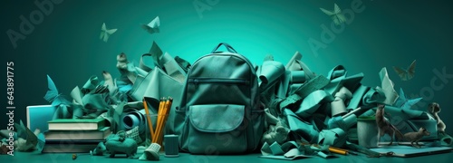 Green backpack with alarm clock and school equipment. Back to school concept on green background 3D Rendering  3D Illustration