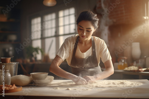 Fotografia cute girl Focus on kneading bread dough to make a variety of breads in a kitchen with plenty of natural light
