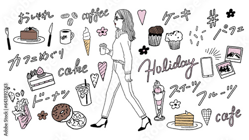 パフェ、ドーナツ、ケーキー、コーヒーなどのおしゃれカフェ巡りをする女性の手描き風線画ベクターイラスト素材 Vector illustration of a woman visiting a trendy cafe for parfait, donuts, cake, coffee, etc. in hand-drawn style.