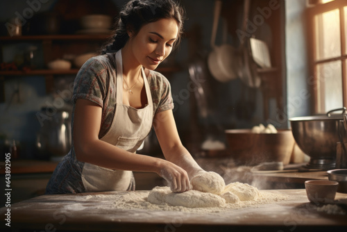 cute girl Focus on kneading bread dough to make a variety of breads in a kitchen with plenty of natural light.