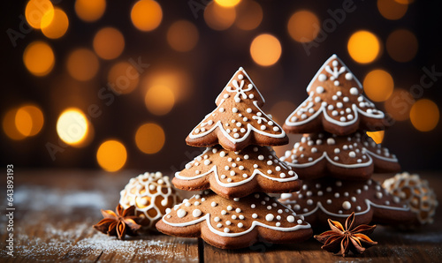 Tannenbäume aus Lebkuchen vor weihnachtlichen Hintergrund photo