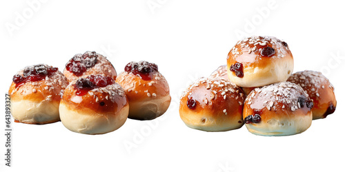 Five Czech buns with plum jam raisins and cottage cheese transparent background plate on colorful tablecloth