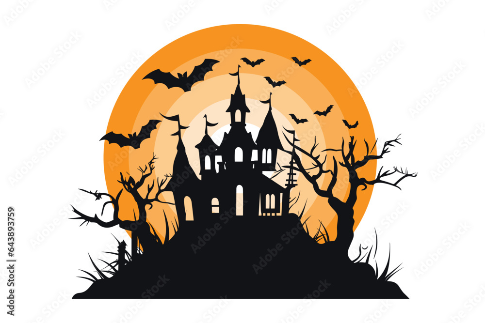 Silhouette of a castle, halloween background with house,spooky halloween background with castle, halloween castle with moon, Silhouette