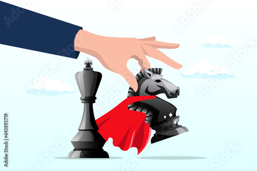 Strategic businessman hand holding superpower knight chess piece to move to winning turn, winning strategy or victory move in business competition, success tactic or smart move (Vector)