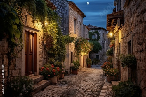 A charming narrow street in a historic Mediterranean village, illuminated by the serene moonlight. Generative AI © Lysandra