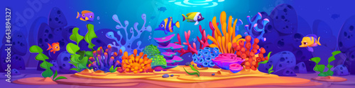 Fototapeta Naklejka Na Ścianę i Meble -  Underwater world with bright seaweeds, corals and swimming fishes in blue water. Cartoon vector illustration of ocean or aquarium bottom with aquatic creatures. Fantasy seabed with marine habitat.
