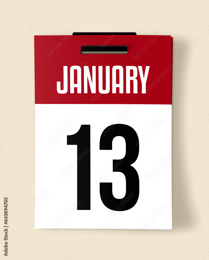 13 January Calendar Date, Realistic calendar sheet hanging on wall
13 January Calendar Date, Realistic calendar sheet hanging on wall