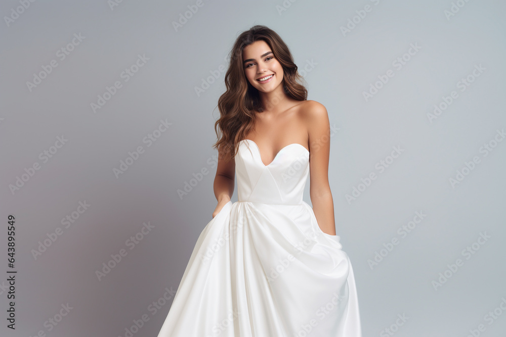 Young women standing in studio wearing wedding dress full photo with red rose, background is decorated with white rose flower, in the style of minimalistic modern, joyful and optimistic and crisp.