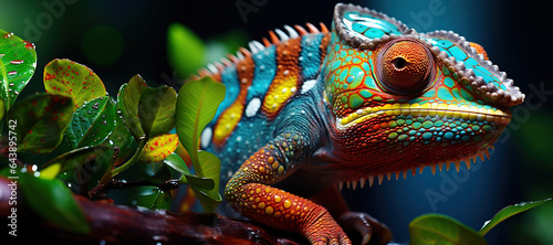 A beautifully colored chameleon perches on a vibrant leaf   vivid hues in its natural rainforest  Generated with AIhabitat.