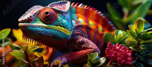 A beautifully colored chameleon perches on a vibrant leaf,  vivid hues in its natural rainforest ,Generated with AIhabitat.