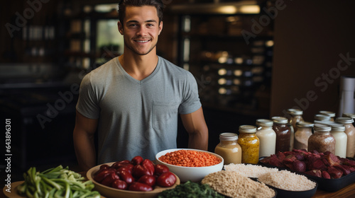 Muscular man with a healthy foods.