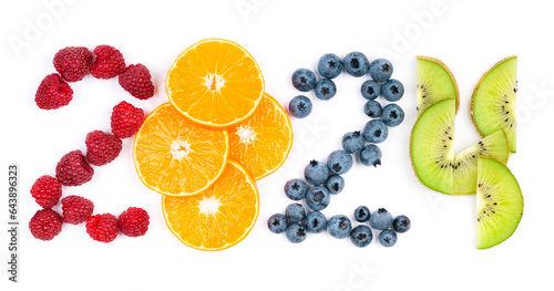 Fototapeta Naklejka Na Ścianę i Meble -  Fruits. New year 2024 made of fruits on the white background. Healthy food