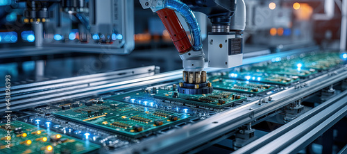 Component Installation and Quality Control of Circuit Board. Fully Automated PCB Assembly Line Equipped with High Precision Robot Arms at Electronics Factory. Generated with AI