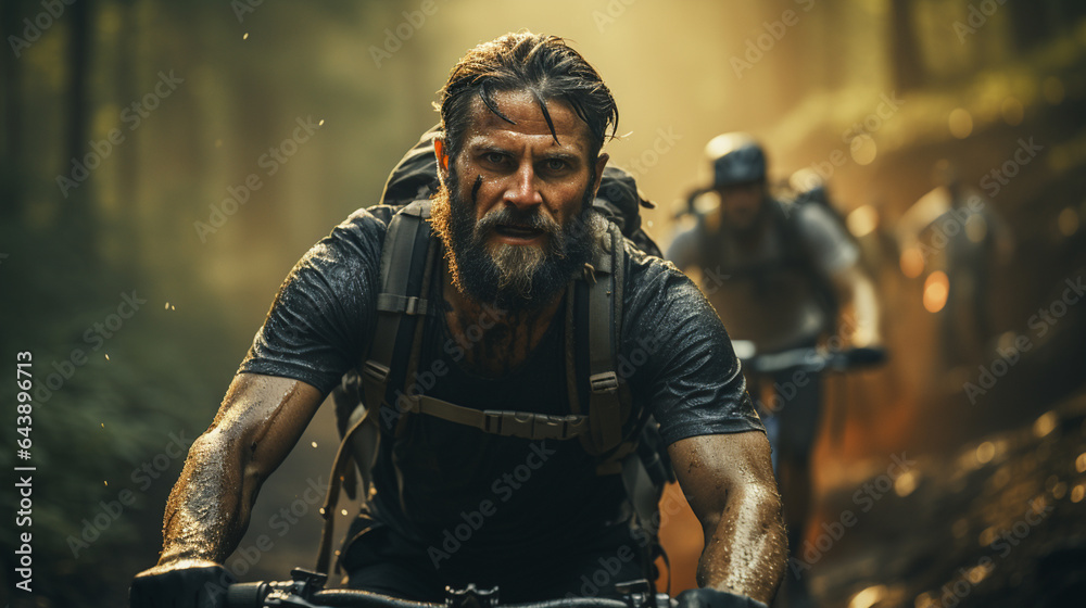 Man rides in bicycle at forest. Man rides in bicycle at forest.