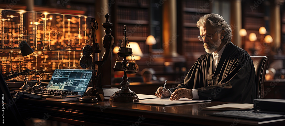 Justice and law concept.Male judge in a courtroom with the gavel, working with, computer and docking keyboard, eyeglasses, Generated with AI