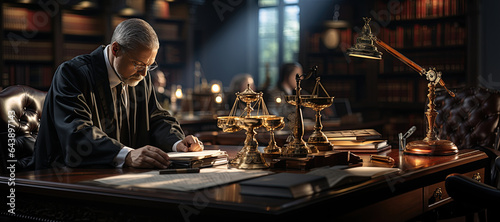 Justice and law concept.Male judge in a courtroom with the gavel, working with, computer and docking keyboard, eyeglasses, Generated with AI photo