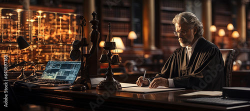 Justice and law concept.Male judge in a courtroom with the gavel  working with  computer and docking keyboard  eyeglasses  Generated with AI