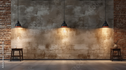 brick wall concrete floor and lamps background 3d render
