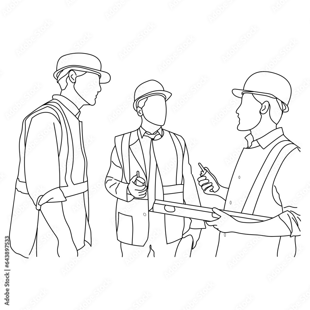 Line art of architect-engineer discussion brainstorming construction concept Line art of architect-engineer discussion brainstorming construction concept