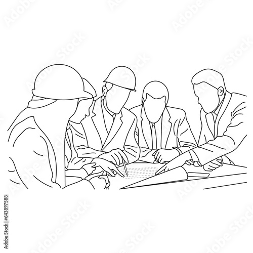 Line art of architect-engineer discusses construction project in a meeting room
