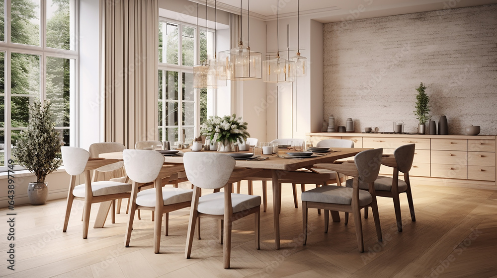 interior design of modern Scandinavian dining room 3d rendering