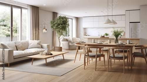 interior design of modern Scandinavian apartment living room with white sofa