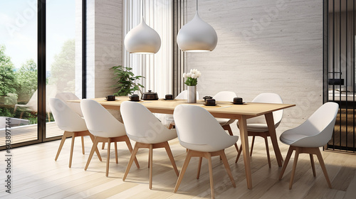 interior design of modern Scandinavian dining room 3d rendering