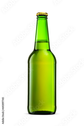 Green beer bottle isolated. Transparent PNG image.