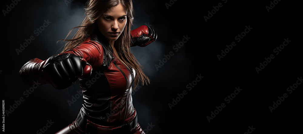Kickboxing woman in activewear and red kickboxing gloves on black background performing a martial arts kick. Sport exercise, fitness workout. Generated with AI - obrazy, fototapety, plakaty 