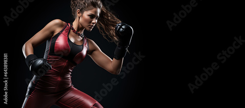 Kickboxing woman in activewear and red kickboxing gloves on black background performing a martial arts kick. Sport exercise, fitness workout. Generated with AI © Chanwit