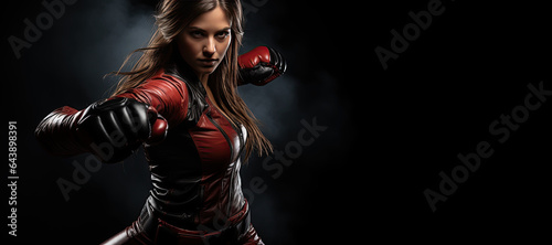 Kickboxing woman in activewear and red kickboxing gloves on black background performing a martial arts kick. Sport exercise, fitness workout. Generated with AI photo