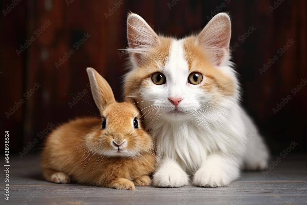 Little kitten and a red rabbit on dark background