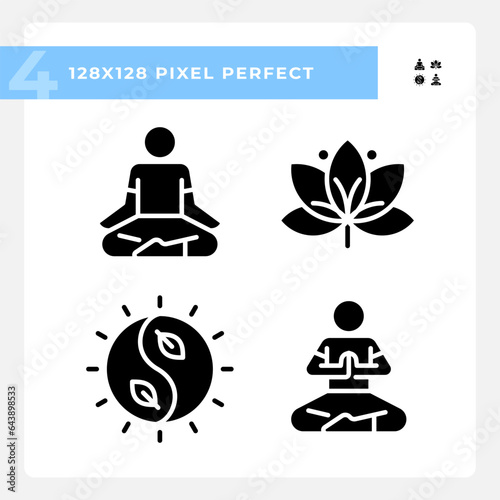 2D pixel perfect glyph style icons set representing meditation, silhouette wellness illustration, solid pictogram.
