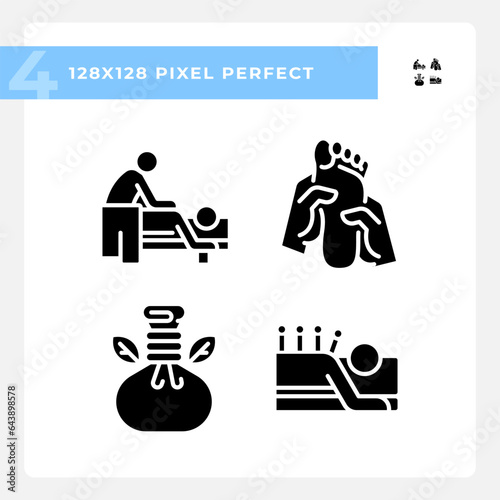 Pixel perfect glyph style icons set representing wellness, silhouette illustration, solid pictogram.