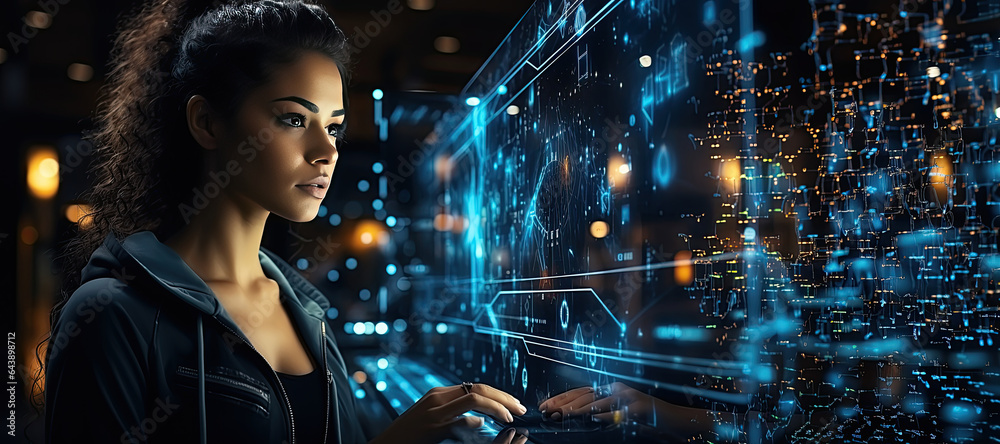 Laptop, code hologram and woman thinking of data analytics, information technology,Generated with AI