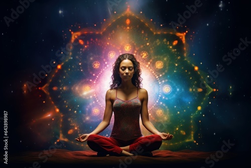 Human Practicing Yoga and Meditation with Stars Cosmic Universe  Harmony of Human Soul and Body  Chakra  Spirituality.