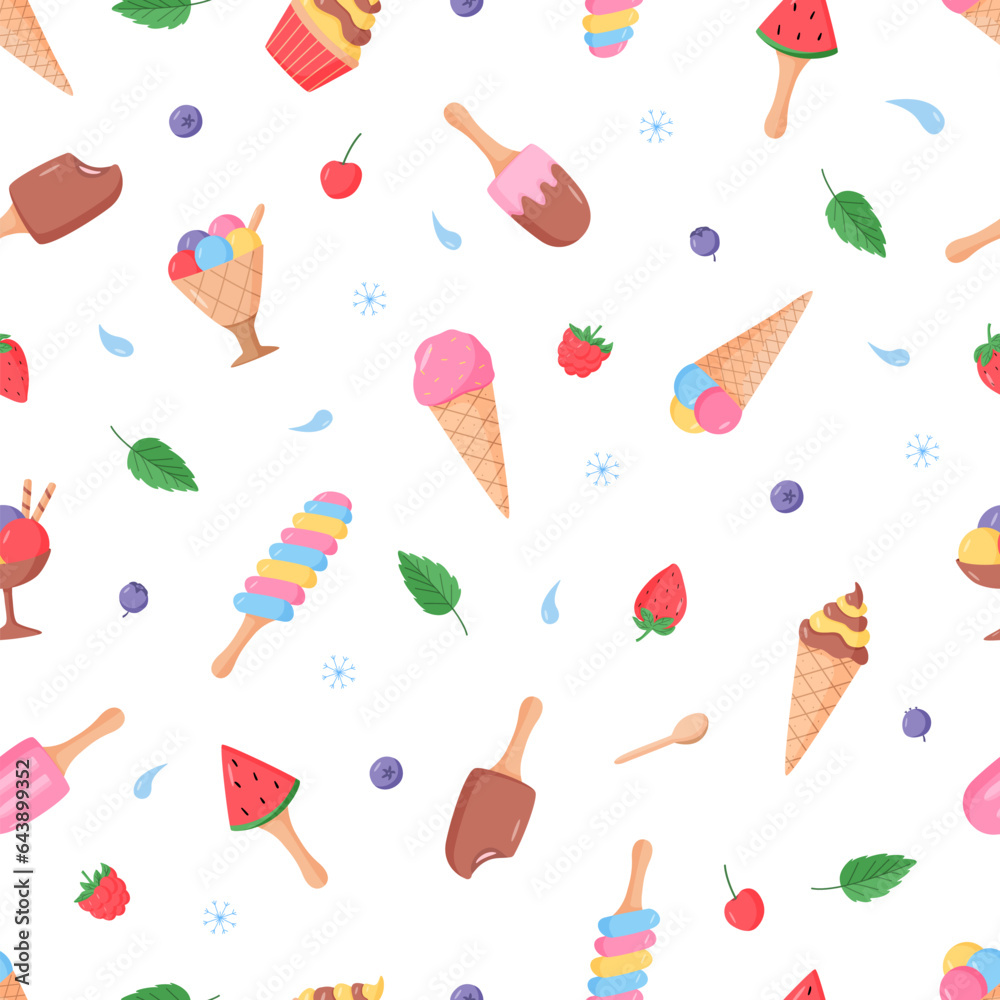 Seamless pattern Ice cream and berries set of bright colored icons. Vector illustration of summer desserts popsicles, ice cream in waffle cones, strawberry cherry raspberry mint blueberry.