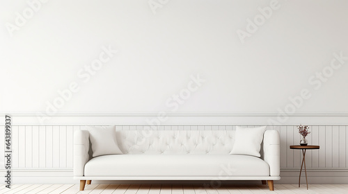 white tufted sofa couch mid century modern living room with white wall photo