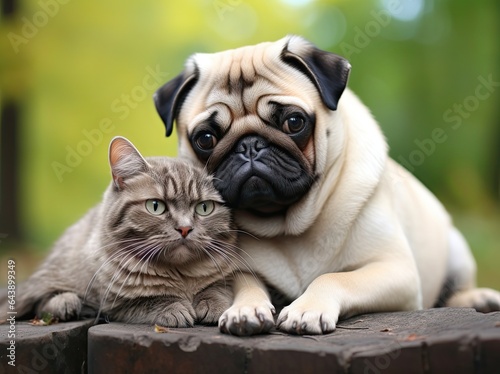 Animal friendship, cat and dog hugged each other © zakiroff