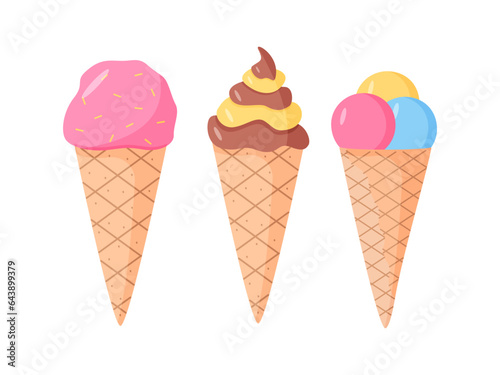 Cartoon set of drawings of ice cream in waffle cups cone. Vector doodle illustration of a summer dessert color.