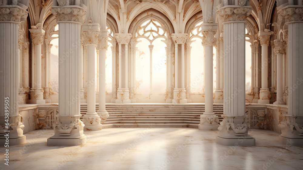 3d columns wallpaper. interior old palace with sunlight
