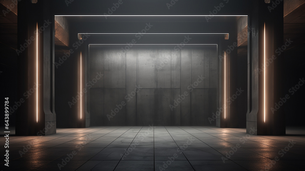 ads campaign marketing concept with abstract lighting dark hall with grey neon pillars on blank concrete floor