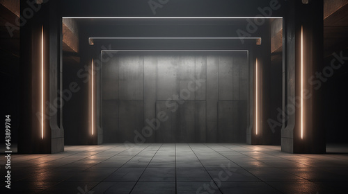 ads campaign marketing concept with abstract lighting dark hall with grey neon pillars on blank concrete floor photo