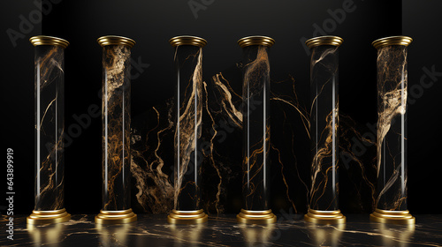 columns in gold and black marble that are elegant and modern background of the pillar on black backgorund