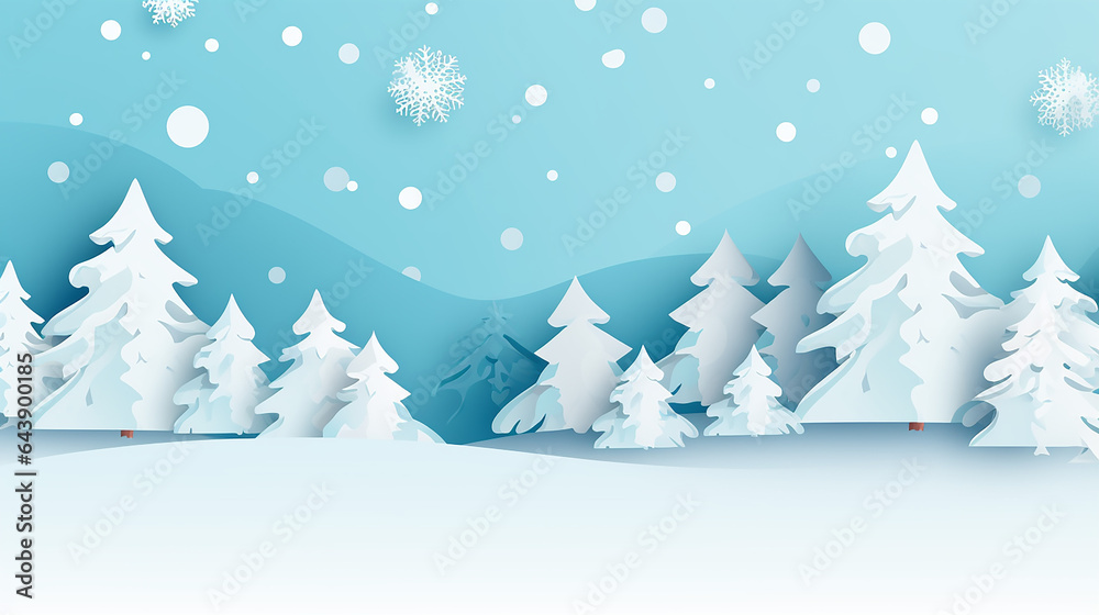 Christmas background with cute paper fir trees and snowdrop