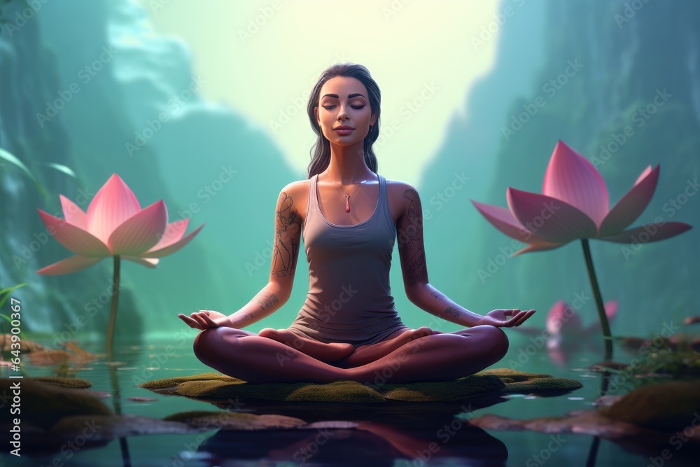 Woman Practices Yoga and Meditation with Lotus, Breathing Exercise, Take a Deep Breath and Relaxed with Closed Eyes. Woman Practices Yoga and Meditation with Lotus, Breathing Exercise, Take a Deep Breath and Relaxed with Closed Eyes.