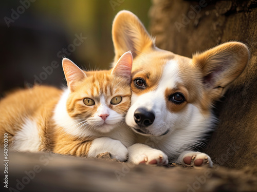 Animal friendship, corgi dog and cat touching heads